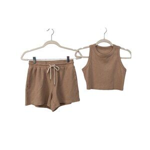 Two Piece Set Size Small Crop Top & Shorts Outfit Set Thermal Waffle Knit Tan
